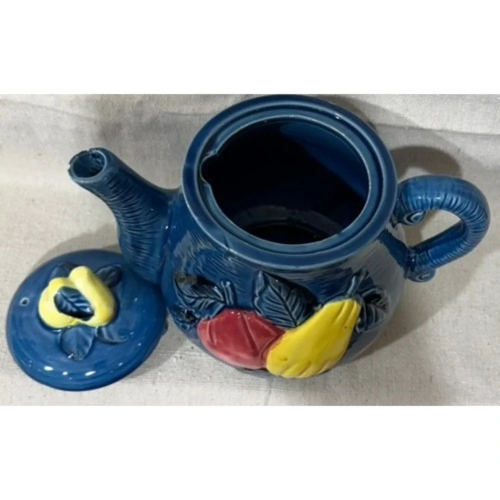 Vintage Cobalt Blue Ceramic Teapot Fruit Relief Apple Pear Made in Japan 7x8